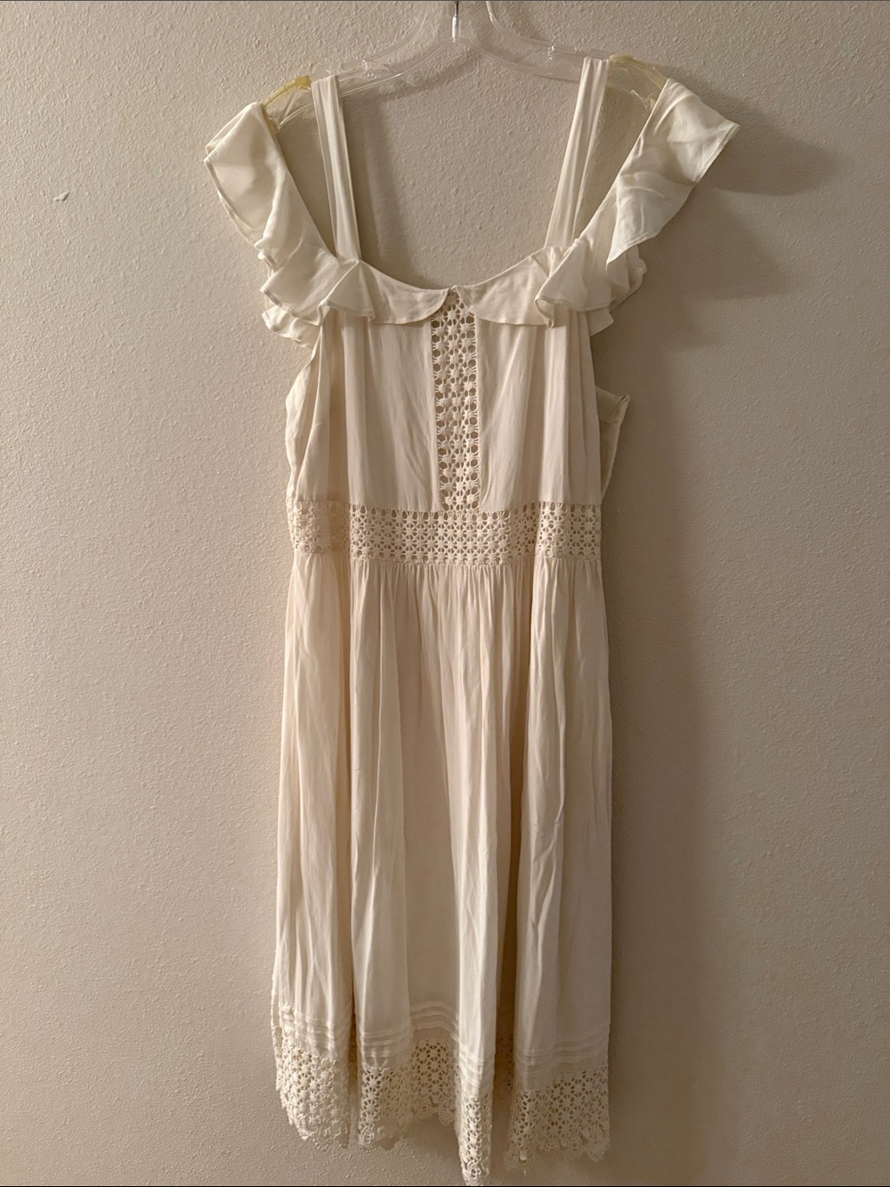 LOFT Cream Crochet-Trim Ruffle Midi Dress